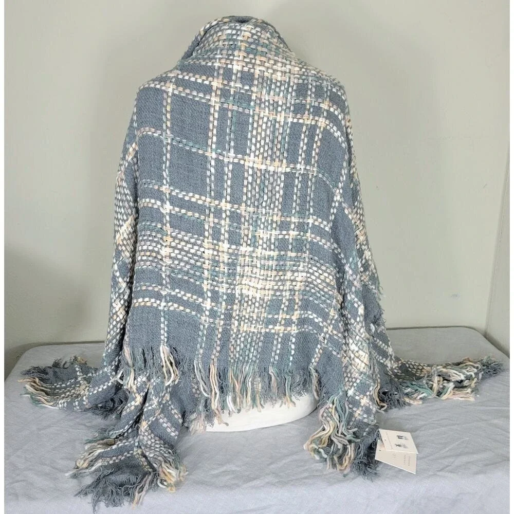 Plaid Fringe Scarf Shawl Wrap Blue‎ Multi Color Women